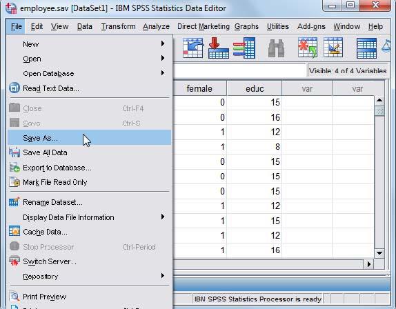 Ronald H. Heck Preparing IBM SPSS Data and MS Excel Files 2 (Launch the IBM SPSS application program and select the employee.sav data file.) 1. Go to the toolbar, select SAVE AS.