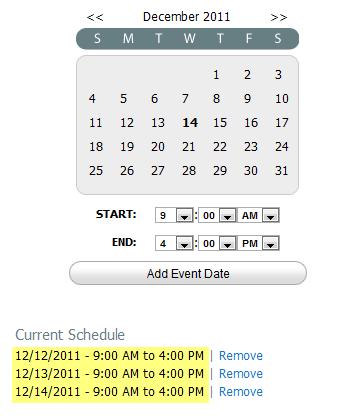 Here is an example of the calendar side for a multi-day event. Below are the steps that were used to create this multi-day event example. 1. Select December 12 by clicking 12 (Day One of this event).