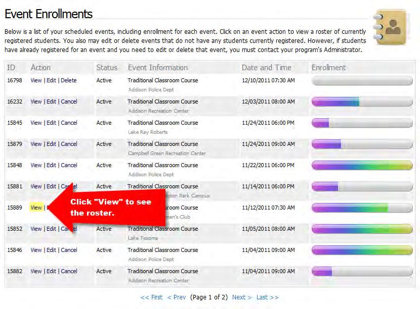 Enrollments: Click on Enrollments on the menu bar to display the Event Enrollments page.