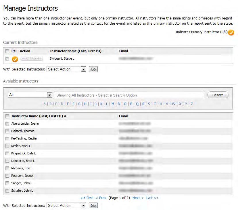 The Manage Instructors page is displayed. This page has two sections.
