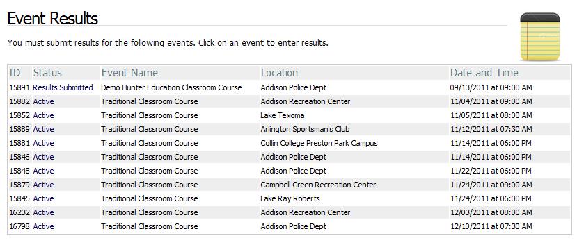 Results The Event Results page can be accessed from two places on the Welcome Instructor page. 1. Click on Results on the menu bar at the top of the page. OR 2.