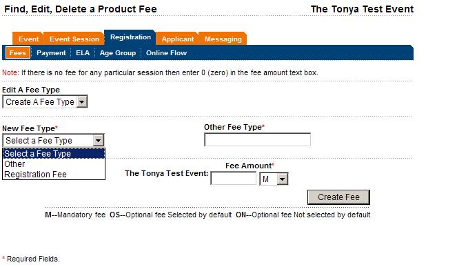 Registration tab Fees: Select Registration fee from the new fee type drop down and enter the desired amount to create a registration fee.