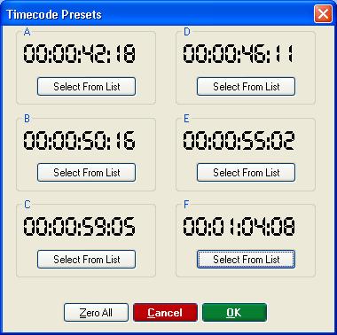 Issue 3.1 Encore Plus for 88RS User Manual Timecode Presets Allows users to create timecode presets for later recall. The Timecode Presets dialogue box shows six preset timecode boxes labelled A to F.