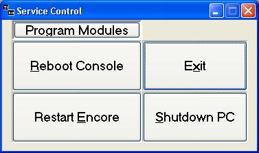 Issue 3.1 Encore Plus for 88RS User Manual Appendix B: Reboot Options Also called Service Control, this may exist as an icon on the desktop (called T1LOC) or as a menu entry in the Start menu.