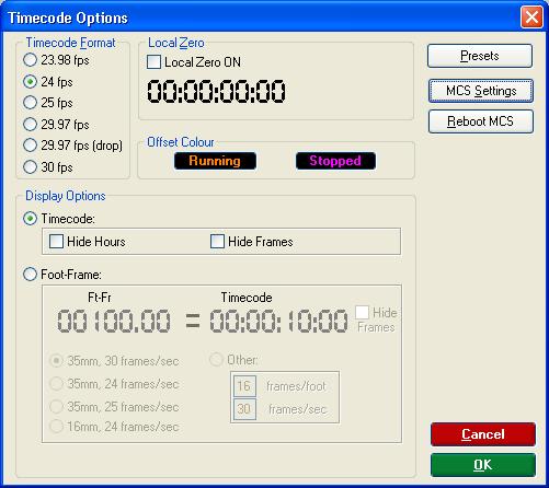 Issue 3.1 Encore Plus for 88RS User Manual Timecode Options Used to set timecode type, timecode display options, local zero times and to create timecode presets (for later recall).