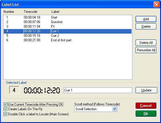 Issue 3.1 Encore Plus for 88RS User Manual Lists Menu Label List Allows users to create or Capture a point in timecode, modify it if required and assign a name to it.