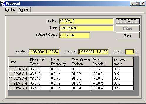 6.1 Protocol Protocol allows to record various actuator parameters during the operation. Show these data in the user interface or save the data to your harddisk. Saved data can be exported e. g.