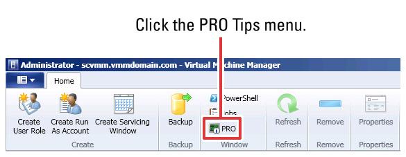 Alternatively, if you select the Show this window when new PRO Tips are created option in the PRO Tip window, the window automatically opens on the VMM console when a PRO Tip is generated.