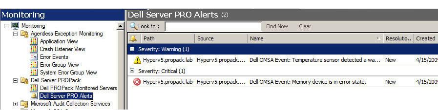 Alerts View Displays Dell PRO specific alerts in a tabular format with information on the severity level, source, name, resolution state, and, date and time of creation. To access the Alert View: 1.