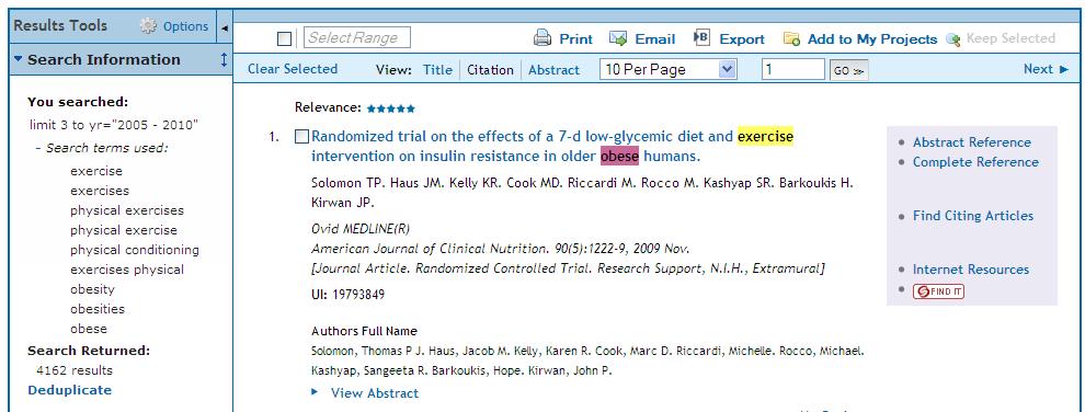 Number of results shows here. Option Ten results will be displayed per page. Each citation will display on screen accompanied by various options on the right hand side.