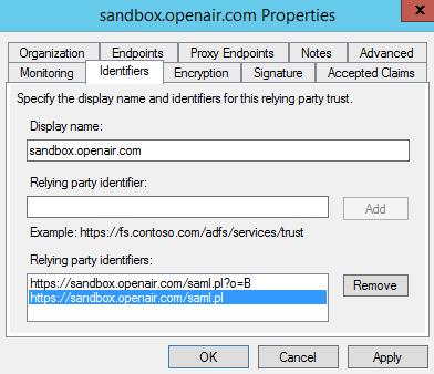 o=b link appears, enter the following into the Relying party identifier field, and click Add: https://sandbox.openair.com/saml.pl 17. Click OK to close the Properties.