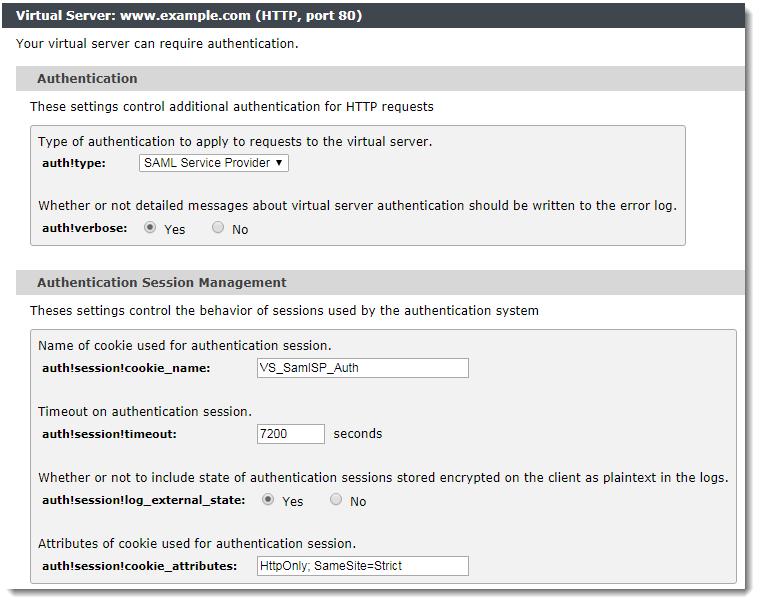 FIGURE 15 Virtual Server Authentication settings 6. In the "SAML Service Provider" section, set auth!saml!
