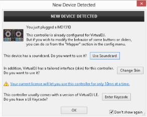A detection window will appear next asking to use or not the pre-defined audio setup with the built-in sound card of the MD1310.
