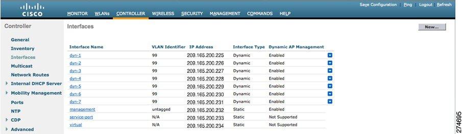 AP-Manager Interface This figure shows a Cisco 5508 WLC with LAG disabled, the management interface used as one dynamic AP-manager interface, and seven additional dynamic AP-manager interfaces, each