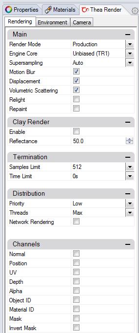 8. RENDER SETTINGS The render settings dialog can be opened both from the Thea Render menu as a separate dockable window or by right clicking on a dockable window in Rhino and selecting the Thea
