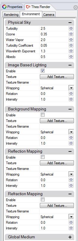 The Environment tab provides controls the environment of a scene. The Rhino environment is not supported. Environment must be set from the Thea Render settings dialog.