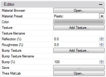 9.3 Material Panel - Editor The editor section of the Thea Material Panel provides abstracts all the details of Thea Render physically based materials and provides the user with a set of predefined