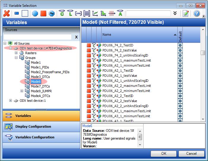 ODX Link Menus and Functions ETAS Select Variables Variable Selection. The added diagnostic signals are displayed (here in group Mode6 ).