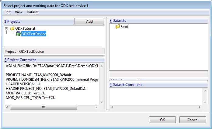 ODX-LINK Tutorial ETAS Extend the TS test system item. Select ODX test device and click OK. The window for selecting the project opens.