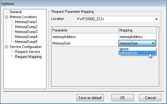ODX Link Menus and Functions ETAS In the Mapping column, select the parameters of the service which correspond to the parameters memoryaddress and MemorySize (i.e., the service parameters of the previously selected service containing memory address and size).