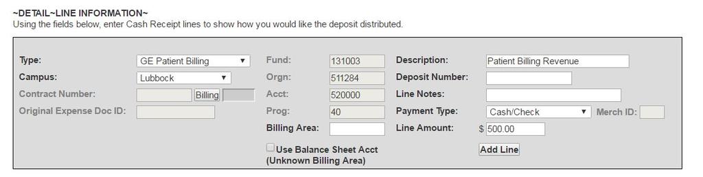Billing Area Code is required, if not known, check the box for the Use Balance Sheet Acct which defaults the Billing Area Code to the Holding Account FOAP. Payment Type is required for every line.
