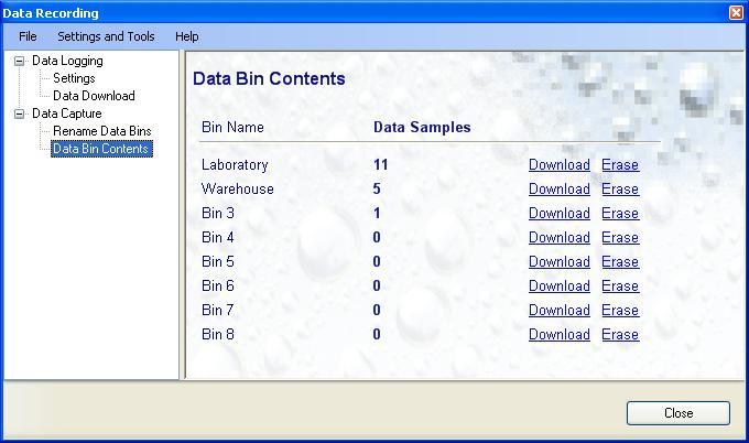 Page 26 of 27 4.5 Data Capture Data Bin Contents This form is used either to download the contents of a data bin to a file on the PC or to erase the contents of the data bin.