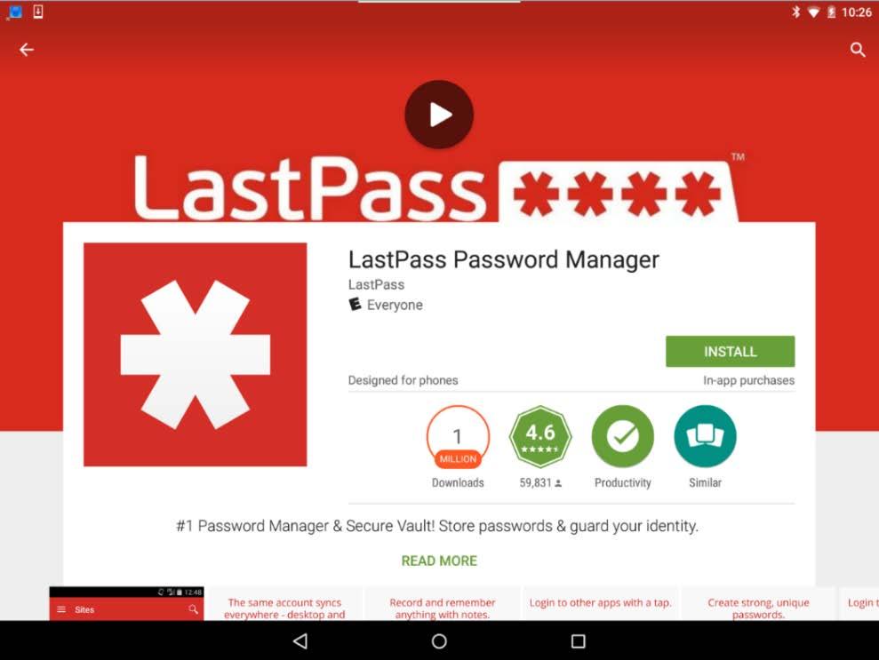 c. Touch LastPass Password Manager to see details about LastPass. d. Touch INSTALL and then ACCEPT on the App Permissions window.