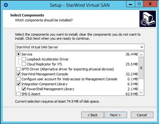 14. Select the following components for the minimum setup: StarWind Virtual SAN Service StarWind Service is the core of the software.