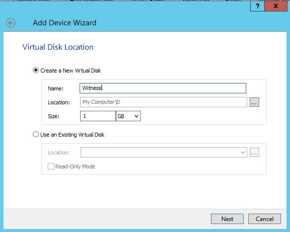29. Specify the virtual disk name, location, and size and click Next.