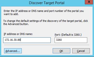 49. Select Microsoft iscsi Initiator as Local adapter and select Cluster Node 1 initiator IP address from the same subnet. Click OK twice to add the Portal. 50.