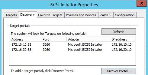 52. Select Microsoft iscsi Initiator as Local adapter and select Cluster Node 1 initiator IP address from the same