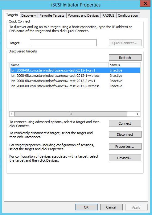Connecting Targets 60. Launch Microsoft iscsi Initiator on Cluster Node 1 and click on the Targets tab. The previously created targets should be listed in the Discovered Targets section.