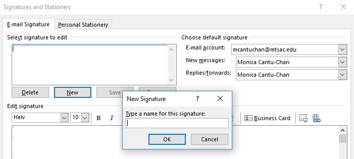 2. Under Select signature to edit, choose New, and in the New