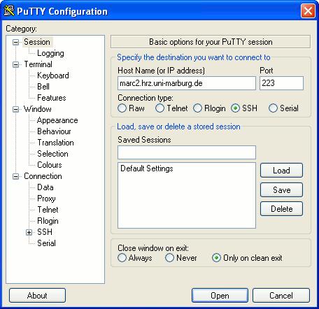 Starting a terminal session (Windows) Start an SSH client, e.g. PuTTY (www.putty.