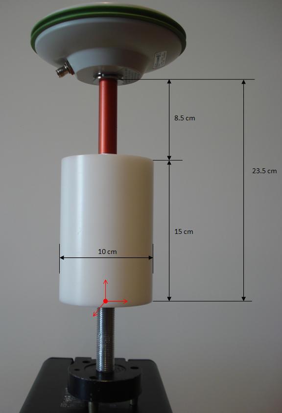 GNSS Antenna ARP Target Leveling bubble Pole support Reference point GNSS receiver Figure 2. Left: the cylindrical target with a GNSS antenna attached, and the target dimensions.