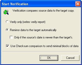 Verifying manually A manual verification can be run anytime a mirror is not in progress. 1. Right-click the connection on the right pane of the Replication Console for Linux and select Verify. 2.