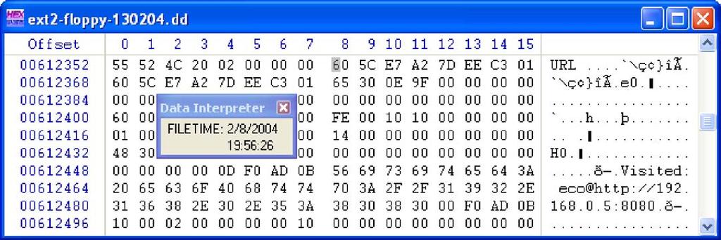 Tool reviewdwinhex 125 Figure 11 A Window 64 bit FILETIME dateetime stamp in an IE History (index.dat) file viewed using WinHex s Data Interpreter feature.