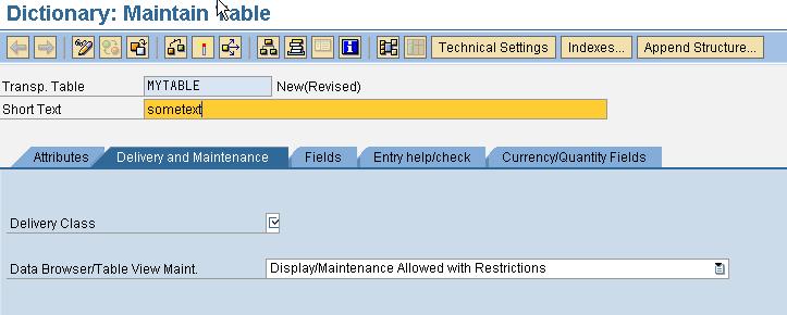In the start window of the ABAP Dictionary, Choose the option Database table, enter MYTABLE as the name of the table you want to create, and choose Create. Enter a short description.
