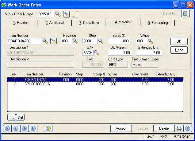 ...... Chapter 2 Touring the Software Sample Work Order Line Entry Window This sample Work Order Entry window shows common line entry features shared by data entry windows in modules other than