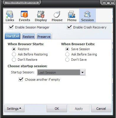 TAB MIX PLUS: SESSION START/EXIT If selected, you will be able to save and restore sessions. Enable Session Manager Note: This must be checked for the other options in the tab to function.