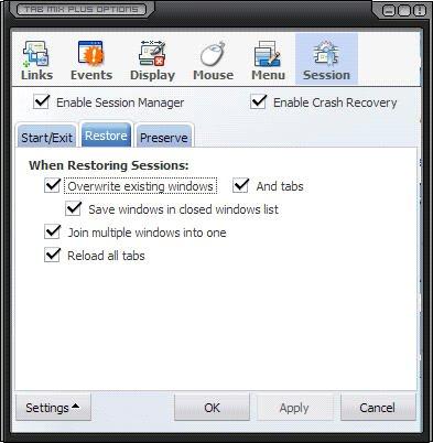 TAB MIX PLUS: SESSION RESTORE Overwrite existing session If selected, the current windows will be overwritten when a session is restored.