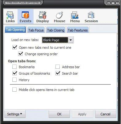 TAB MIX PLUS: EVENTS TAB OPENING - Blank Page Load in new tabs - Home Page - Current Page Determines which page to open on new tabs If selected, new tabs will open next to the current one.
