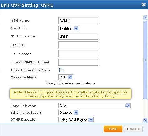 Figure 11: Edit GSM Settings GSM name Port State GSM name is the name for your in identification Enable/ Disable option allow user to change the state as per requirement SIM PIN SMS Center Forward
