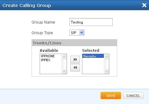 Figure 18: Create Calling Group Group Name Group Type Trunks Descriptive name for the Calling Groups for user's reference. You can select group type as SIP or GSM Trunk. For e.g.: If you select Group Type as SIP, SIP trunks will be listed in available Table.