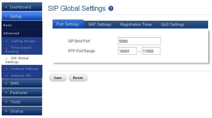 Port Settings SIP Bind Port RTP Port Range Figure 20: Port Settings Choose a port on which to listen for SIP UDP traffic. Default: 5060 Range of port numbers to be used for RTP traffic.