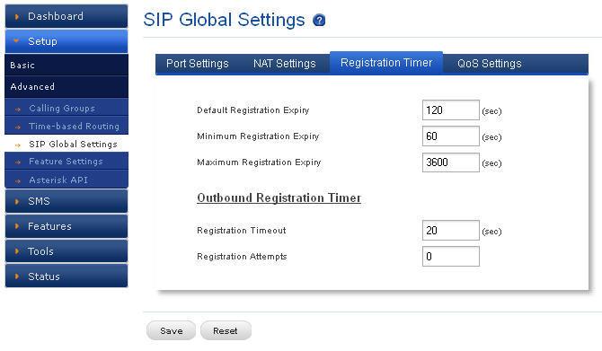 Registration Timer Navigate through Setup> Advanced> SIP Global Settings> Registration Timer When the registration timeout is 0, user cannot register the gateway and it will be connected to the