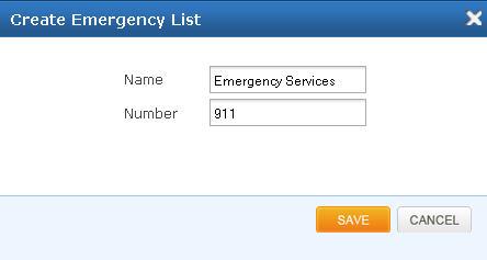Figure 38: Create Emergency List Name Enter the name for creating Emergency list. E.g.: Emergency Services Number Enter the phone number. E.g.: 911 (must be in international number format) 6.