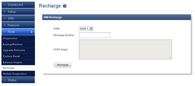 7.6 Recharge Navigate through Tools > Recharge This option allow system admin to