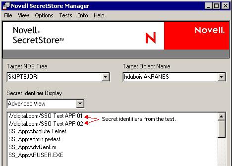 Viewing Information about SecretStore 1 In SecretStore Manager s main dialog box, click Info. 2 Click GetServiceInfo.
