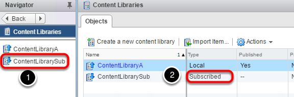 Create Content Library for vcenter B 1. Select "ContentLibrarySub" in the left navigation pane.